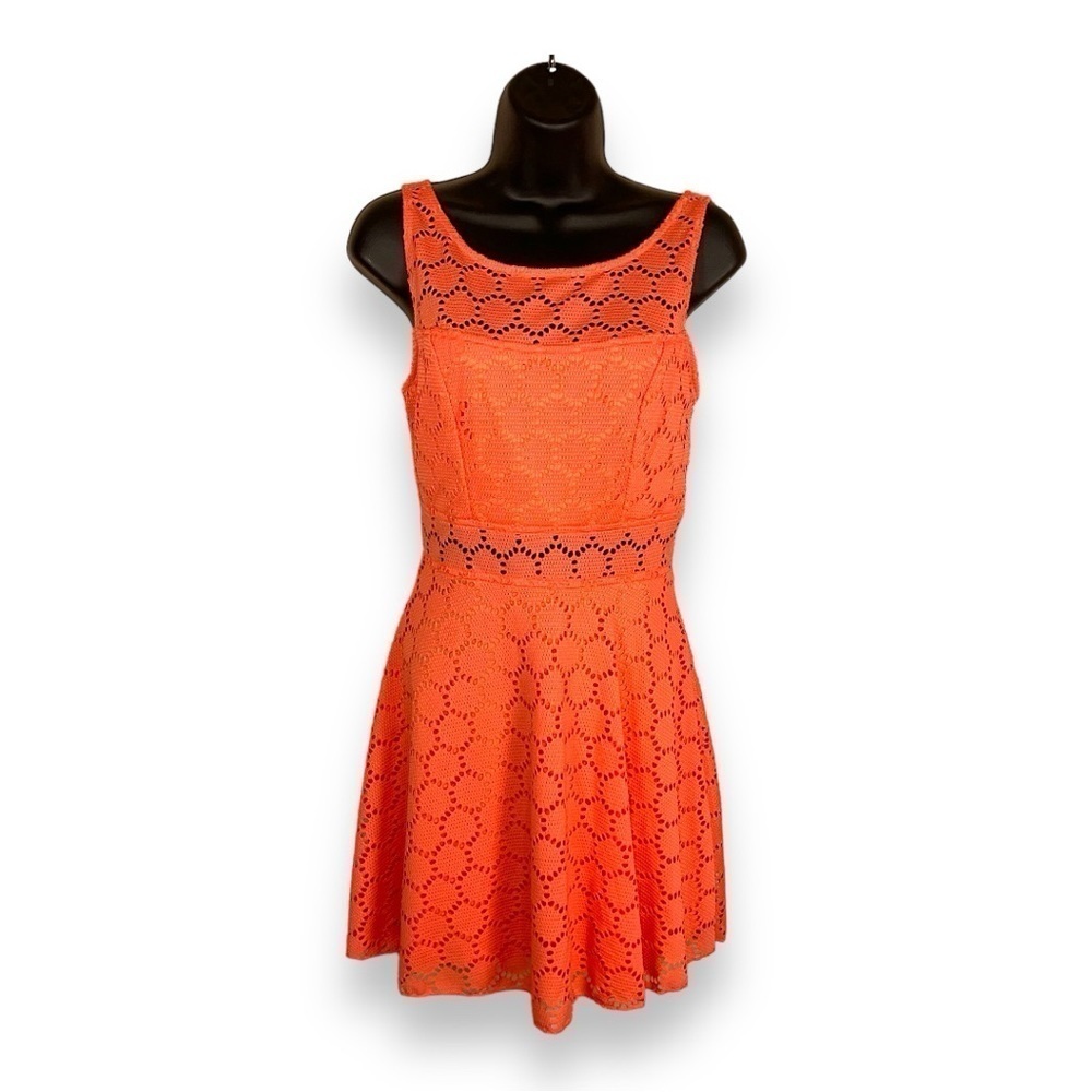 SIZE 3 TRIXXI ORANGE NEON DRESS SLEEVELESS MESH LACE A LINE JUNIORS